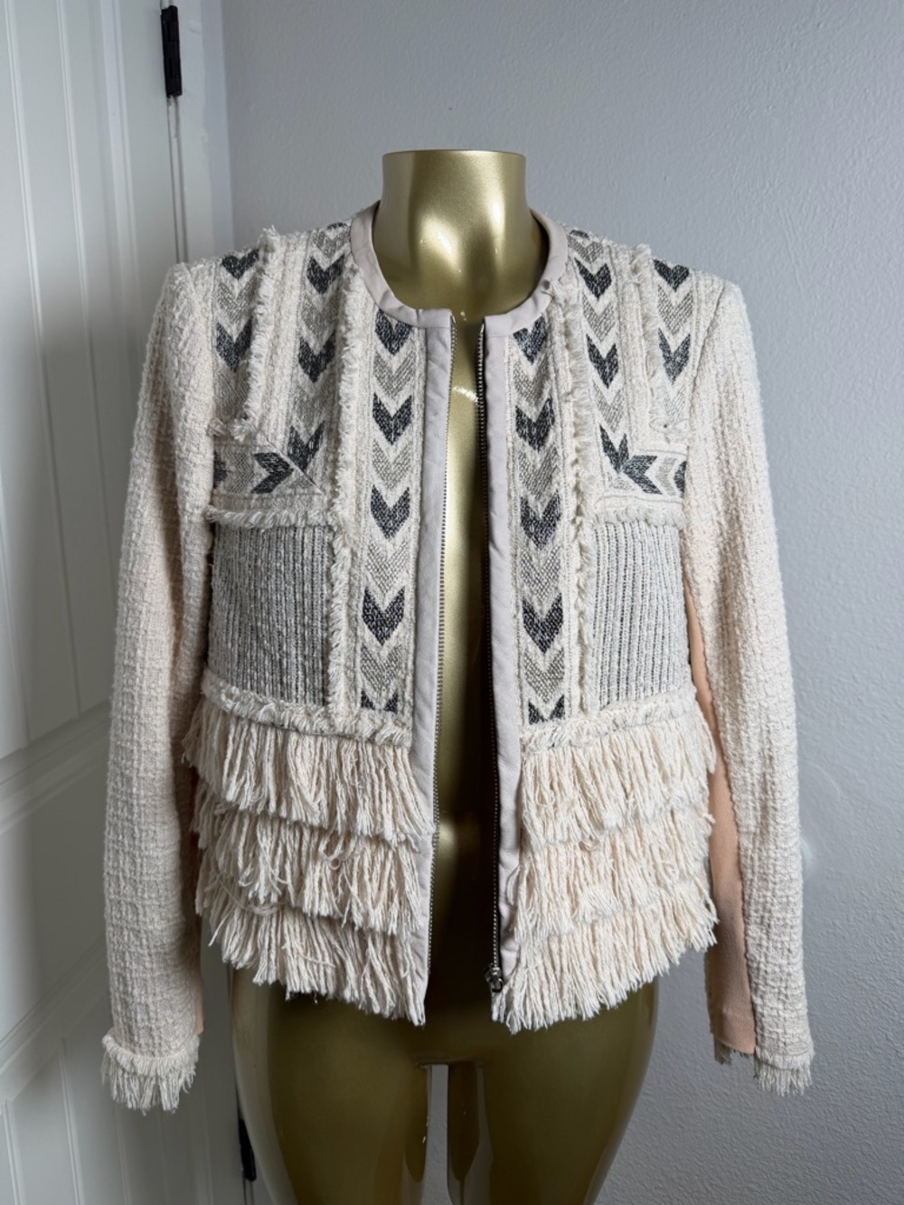 Rebecca Taylor Pale Pink Tweed Chevron Embroidered Jacket Fringe Trim Size 6